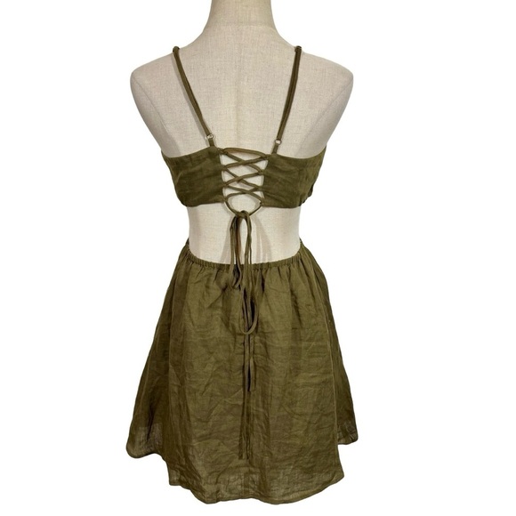 Willard Road Kayleigh 100% Linen Cutout Mini Dress in Seaweed Green - Picture 7 of 12